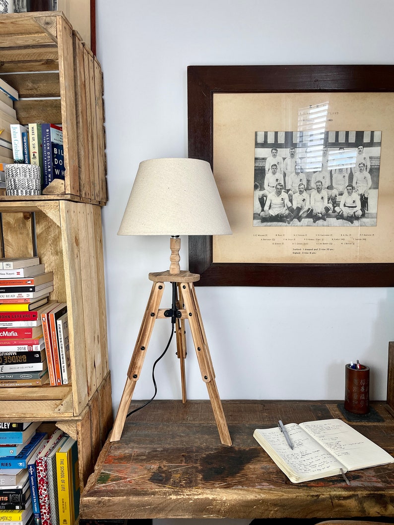 Wooden Tripod Lamp With Cream Linen Shade Rustic Table Lamp Etsy