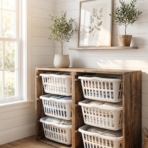 Wood Laundry Basket Holder • 3-Basket Rustic Wooden Hamper Storage • Laundry Room Organizer Stand • Farmhouse Laundry Shelf • Handmade