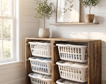 Wood Laundry Basket Holder • 3-Basket Rustic Wooden Hamper Storage • Laundry Room Organizer Stand • Farmhouse Laundry Shelf • Handmade