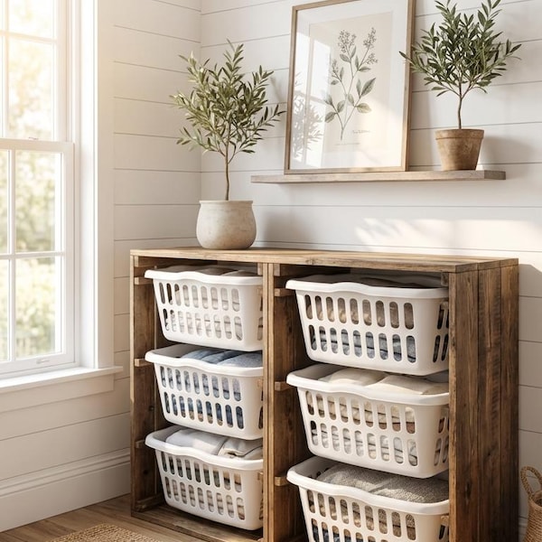 Wood Laundry Basket Holder • 3-Basket Rustic Wooden Hamper Storage • Laundry Room Organizer Stand • Farmhouse Laundry Shelf • Handmade