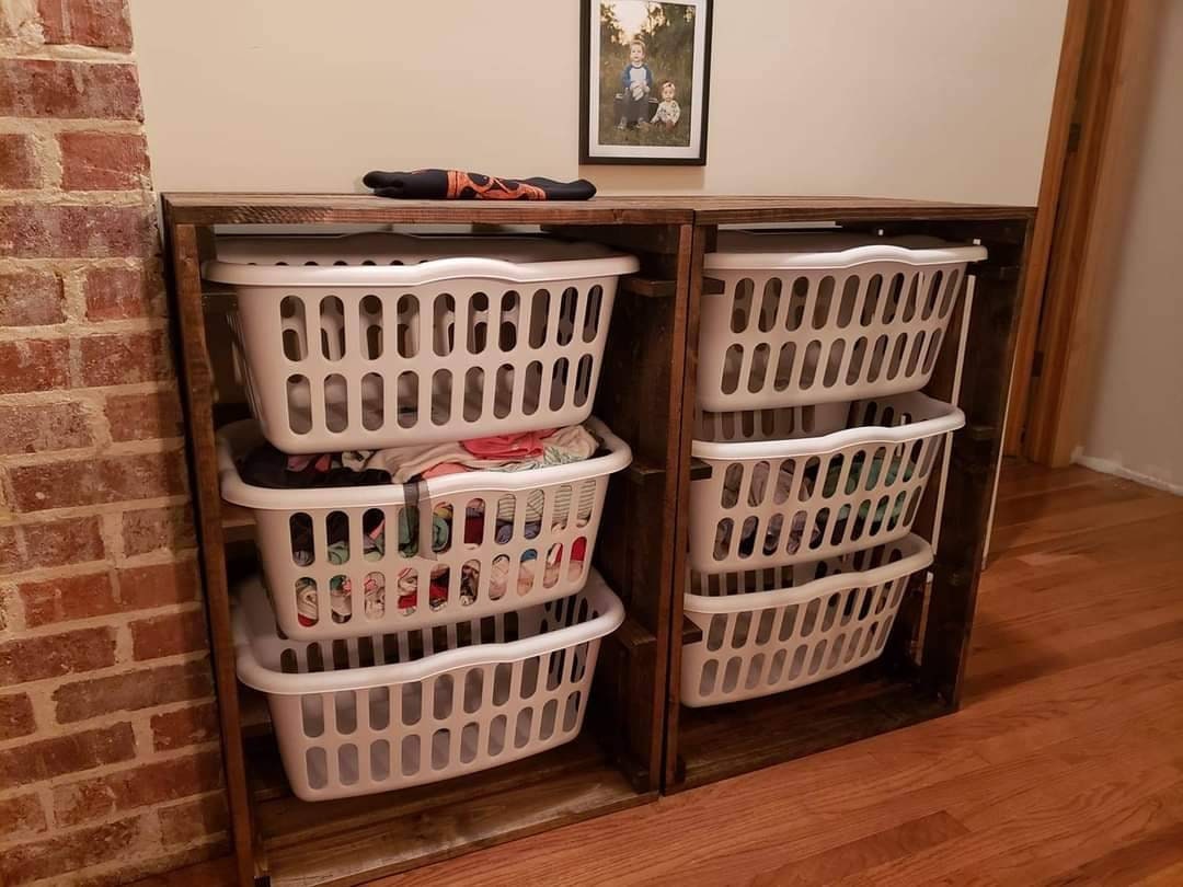 Rustic Wooden 3 Laundry Basket Holder Hamper Storage 