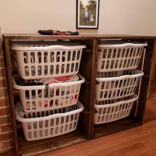 Rustic Wooden 3 Laundry Basket Holder Hamper Storage Etsy