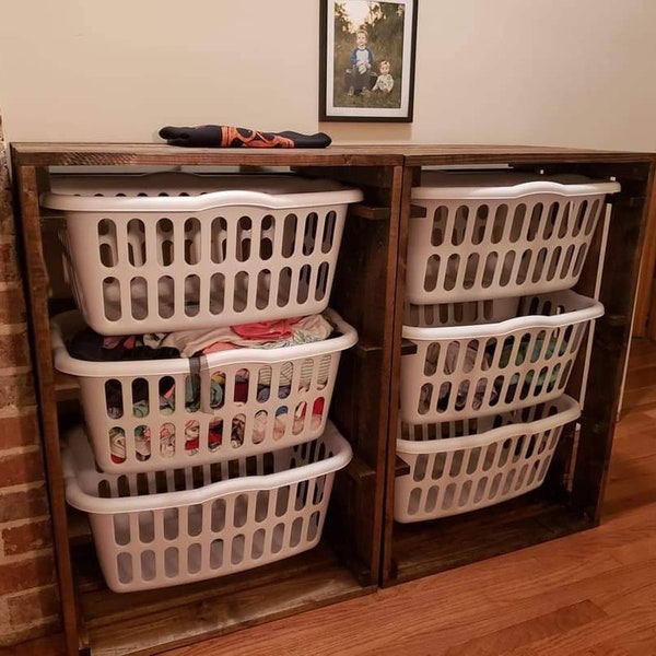 Rustic Wooden 3 Laundry Basket Holder Hamper Storage