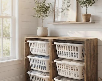 Wood Laundry Basket Holder • 3-Basket Rustic Wooden Hamper Storage • Laundry Room Organizer Stand • Farmhouse Laundry Shelf UNASSEMBLED