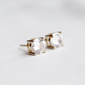 Round Cubic Zirconia Stud Earrings set in Sterling Silver with Gold Plating | High Quality CZ Stud Earrings | Faux Diamond Studs