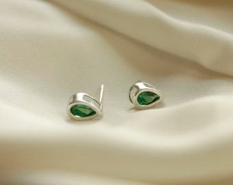 Emerald Green Cubic Zirconia Pear-Shaped Studs set in Sterling Silver Bezels | Simulated Emerald | Teardrop Earrings | Faux Emerald Earrings