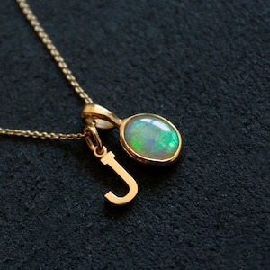 14k Australian Crystal Opal with Optional Gold Charm | Fire Opal Pendant | Lightning Ridge Opal | Custom Letter Necklace | Opale Australie