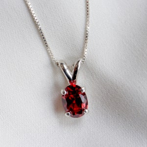 May include: A silver chain necklace with a red oval gemstone pendant.