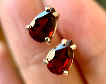 Almandine Garnet Pear Shaped Studs set in Sterling Silver | Faceted Garnet | January Birthstone | Red Garnet Earrings