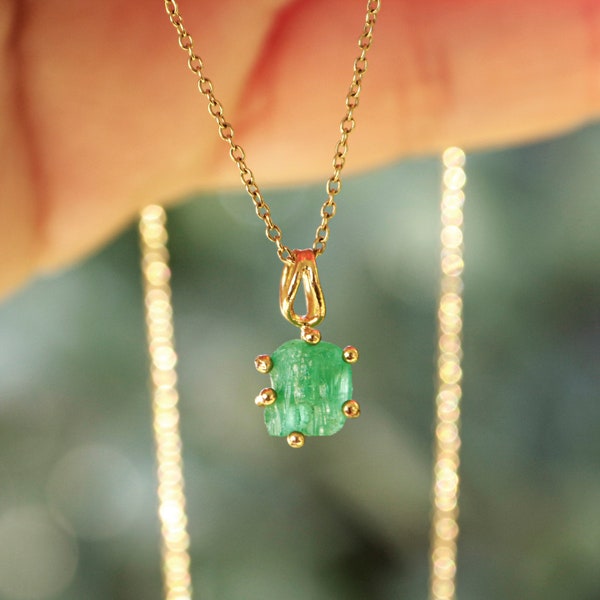 Raw Emerald Necklace with 24k Gold Plated Chain | Genuine Colombian Emerald Necklace | Rough Emerald | Real Emerald Necklace