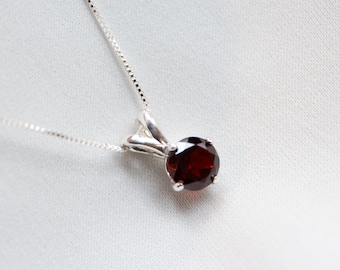 Almandine Garnet Necklace with Sterling Silver 18" Box Chain | Real Garnet Necklace | Faceted Garnet | January Birthstone | Almandite Garnet