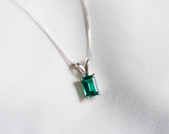 Lab-Created Emerald Necklace: 14k Gold or Sterling Silver