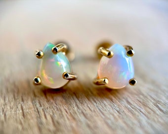 Genuine Fire Opal Stud Earrings | Pear Shape Opal Earrings | Real Welo Opal Studs