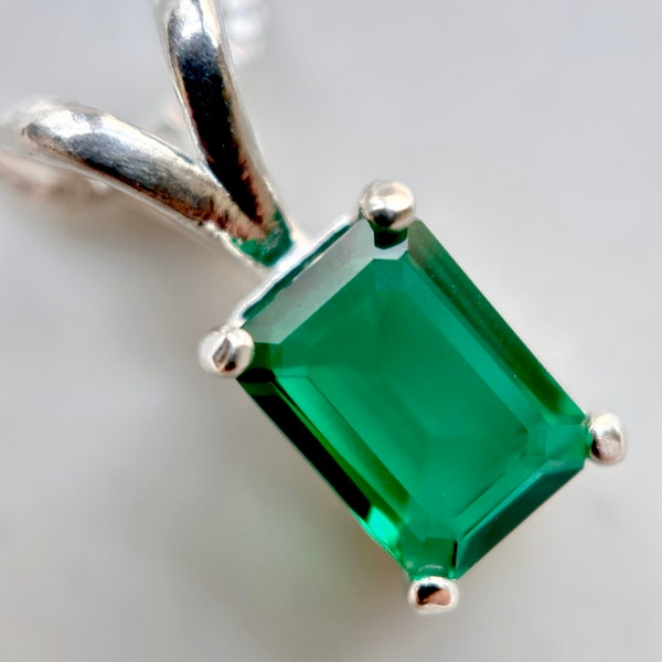 Lab Created Emerald Necklace with Sterling Silver Box Chain | Hydrothermal Emerald Necklace | Synthetic Emerald | Lab Created Gemstone