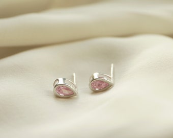 Pink Sapphire Cubic Zirconia Studs set in Sterling Silver Bezels | Teardrop Studs | Simulated Sapphire | Pear-Shaped Sapphire Earrings