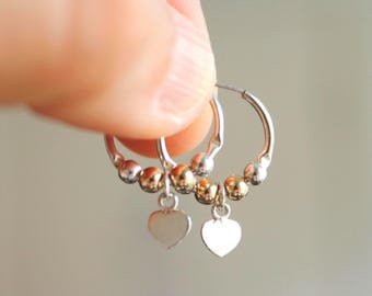 Sterling Silver Hoops with Heart Charms | Dangle Charm Hoop Earrings | Heart Dangles