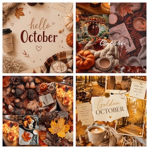 May include: A four-panel collage featuring autumn themes with text reading hello October, October, and Golden OCTOBER. The images include pumpkins, fallen leaves, pinecones, warm beverages in mugs, open books, cozy knit textures, and string lights.