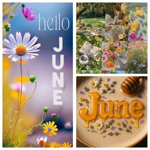 Puede incluir: Un collage de imágenes con temática floral. Una imagen presenta una gran margarita con centro amarillo y el texto "hello JUNE". Otras imágenes muestran un picnic, flores y miel con la palabra "June" escrita.