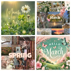 May include: A spring-themed collage featuring a daisy and clover, various nature scenes, and a graphic with the words "Hello March" and butterflies. The word "Spring" is also visible. The images evoke a sense of renewal and growth.