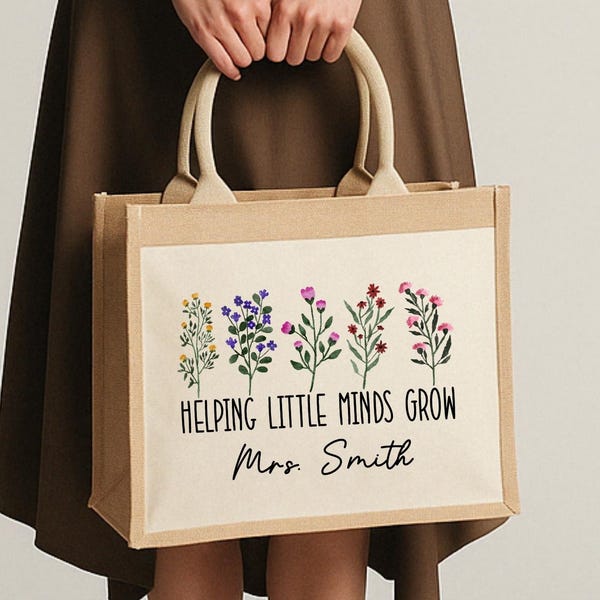 Personalized Teacher Jute Tote Bag, Custom Floral Gift