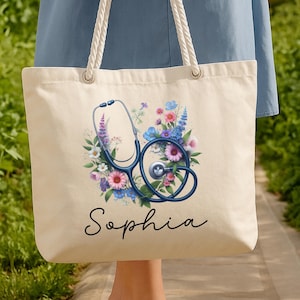 Custom Floral Stethoscope Tote Bag, Personalized Nurse Gift, Nursing School Bag, Canvas Tote for Healthcare