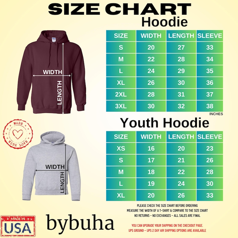 a hoodie size chart for a youth hoodie
