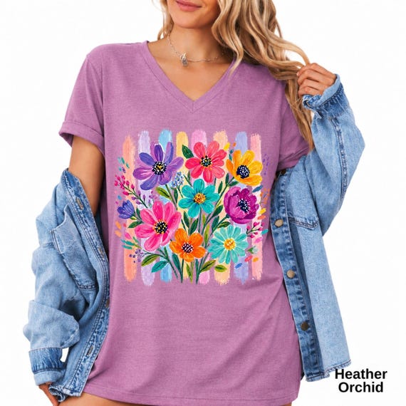 Wildflower V-Neck Shirt - Colorful Floral Tee - Cottagecore Botanical Shirt - Nature Lover Gift for Her
