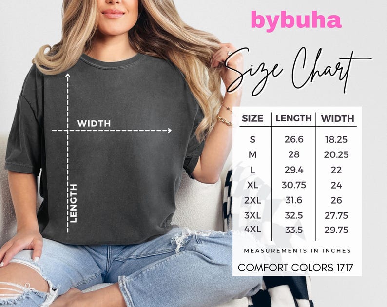 May include: A dark gray t-shirt with a size chart, including measurements in inches. The chart lists sizes S to 4XL, with corresponding length and width measurements. The brand name "bybuha" is visible.