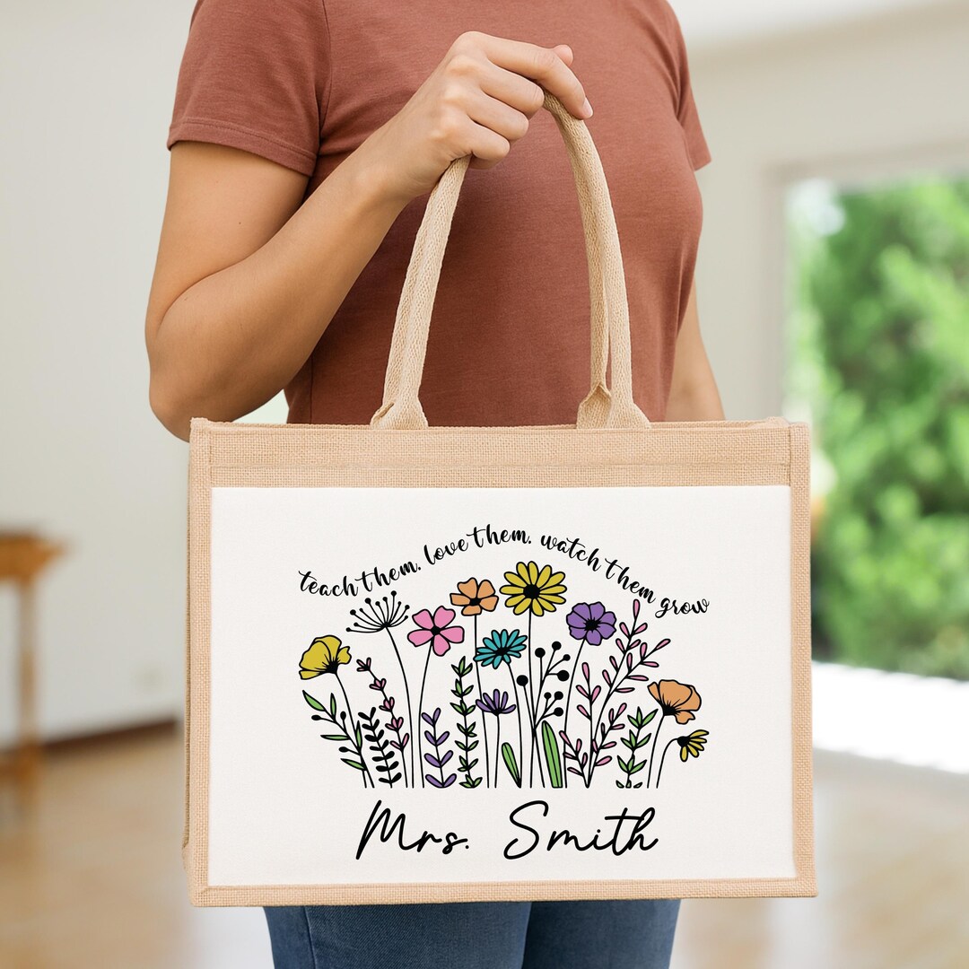Personalized Teacher Gift Tote Bag, Custom Name Jute School Bag - Etsy