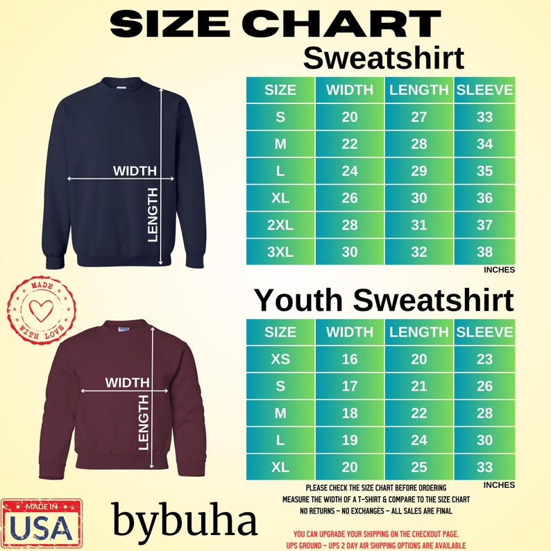 the size chart for a sweatshirt with measurements
