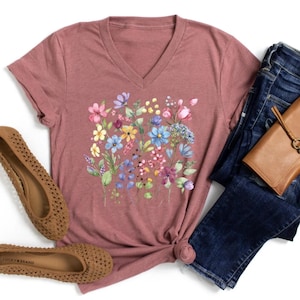 Floral T-shirt, Wildflower V-Neck Shirt, Womens Floral Shirt, Graphic Floral Tee, Gift for Women, V Neck Shirt Women, Vintage Flowers Shirt