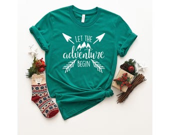 Adventure Begins Shirt: Unisex Cotton Tee, Hiking Camping Travel