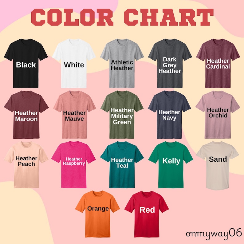 Op de afbeelding: Een kleurenkaart met zeventien t-shirts met korte mouwen in diverse effen en gem&ecirc;leerde kleuren, waaronder zwart, wit, athletic heather, donkergrijs, kardinaalrood, kastanjebruin, mauve, militair groen, marineblauw, orchidee, perzik, framboos, groenblauw, kelly groen, zand, oranje en rood.