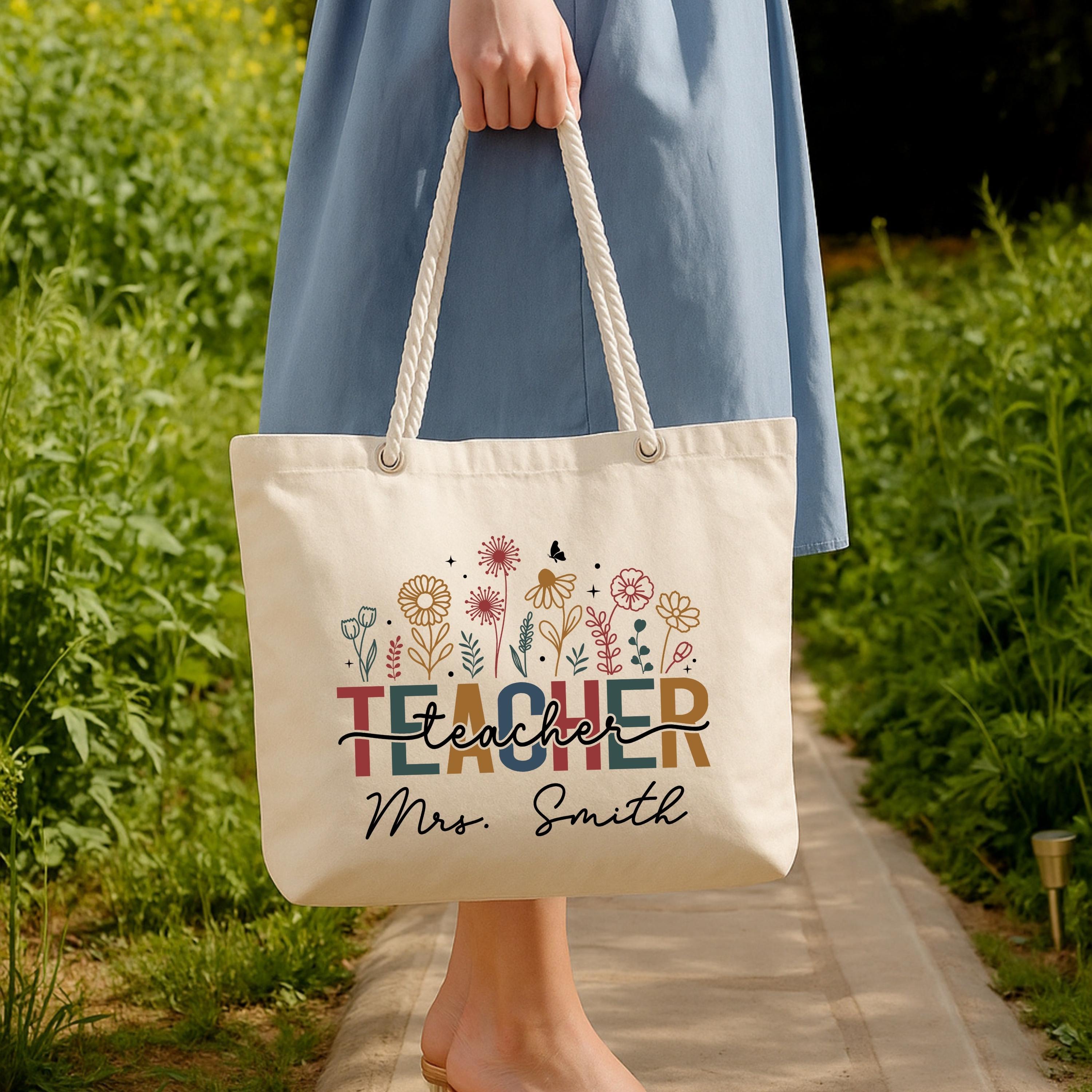 Custom Floral Teacher Tote Bag: Personalized Rope Handle Cotton Gift - Etsy