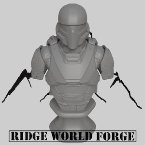 May include: Gray plastic bust of a futuristic soldier wearing a helmet with a visor. The bust is on a round base. The text "RIDGE WORLD FORGE" is printed below the bust.