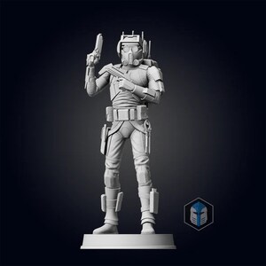 May include: A white 3D printed figurine of a futuristic soldier wearing a helmet and holding a gun. The soldier is standing on a circular base.