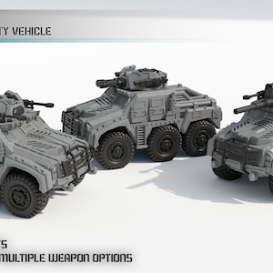 Puede incluir: Tres modelos de vehículos de movilidad de infantería gris con patrón Vargr, kit de varias piezas con partes magnetizadas. Los vehículos tienen seis ruedas, una torreta con opciones de armas y blindaje texturizado. Texto: Vargr-pattern infantry mobility vehicle.