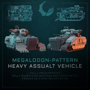 May include: Image of a Megalodon-Pattern Heavy Assault Vehicle. The image shows two models of a tank-like vehicle with detailed designs, along with blueprints. The text on the image says "FULLY PRESUPPORTED" and "FULLY MAGNETIZED WEAPONS AND HARDPOINTS".