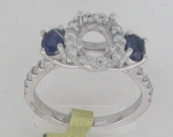 Semi Mount Diamond Halo with Two Blue Sapphire Side Stone Diamond Ring