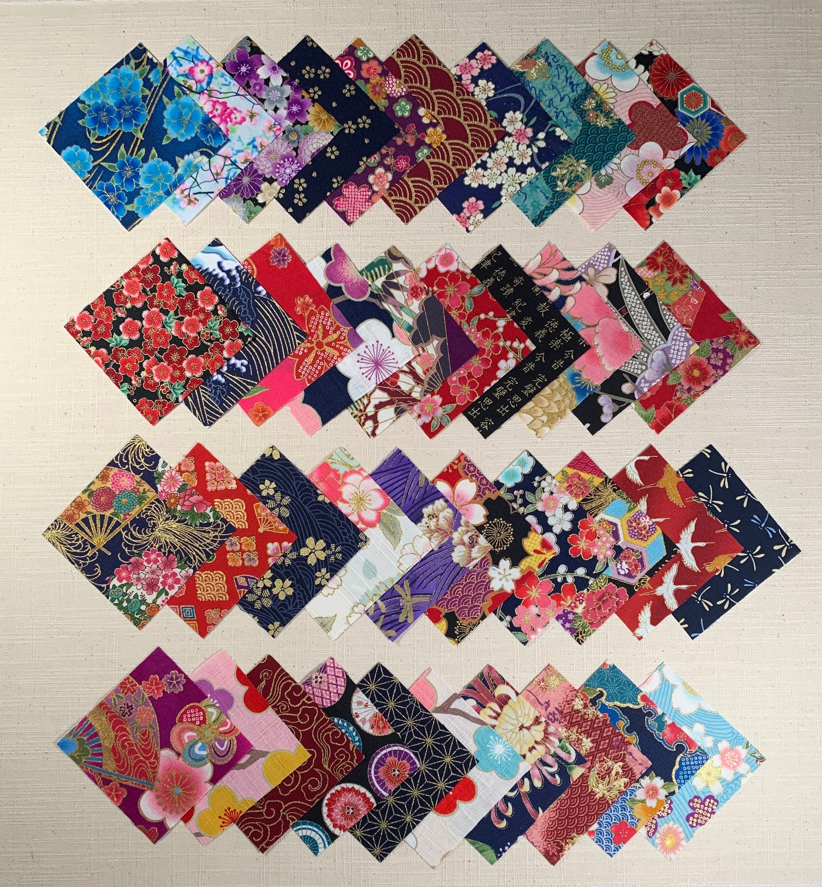 Asian Oriental Japan Fabric Mini Charm Pack 3" x 3" square assortment of 40 different print designs for crafts and junk journals