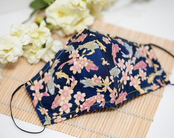 Asian Oriental Cherry Blossom Koi Pond (Navy/Powder Blue/Blush Pink w/Metallic Gold Accents) 100% Cotton w/Filter Pocket Reusable