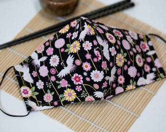 Asian Oriental Cranes on Pinwheel Stripe Floral Face Mask (Black Pink Green w/Gold Metallic Accents) 100% Cotton with Filter Pocket Reusable