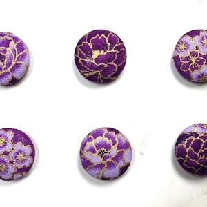Set of 6 Round 7/8&quot; Asian Oriental Fabric Magnets/ Plum Blossom Purple Tones/ Metallic Gold Accents/ Metal Tin Container/ Kawaii Gift :)