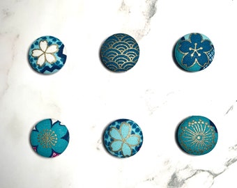 Set of 6 Round 7/8&quot; Asian Oriental Fabric Magnets/ Cherry Blossom Teal Tones/ Metallic Gold Accents/ Metal Tin Container/ Kawaii Gift :)