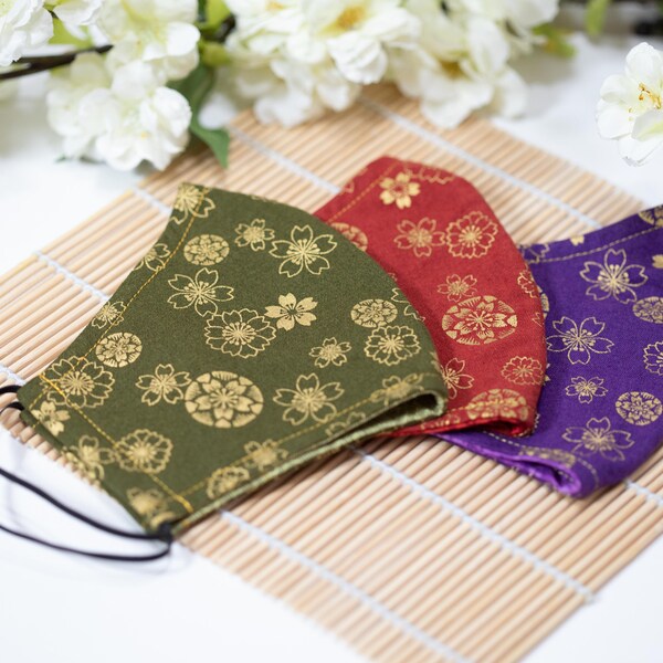 Oriental Naka Floating Cherry Blossoms & Floral Medallions (Olive/Rust/Purple/Black w/Metallic Gold) 100% Cotton with Filter Pocket Reusable