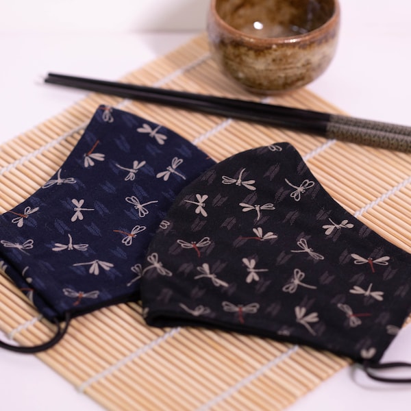 Asian Oriental Dragonflies Face Mask (Black or Navy) 100% Cotton with Filter Pocket Reusable