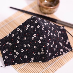 Asian Oriental Tiny Cherry Blossoms & Hearts Face Mask (Black/Red or Navy/Pink) 100% Cotton with Filter Pocket Reusable
