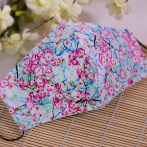 Asian Oriental Cherry Blossom Sky Face Mask (Sky Blue & Pink) 100% Cotton with Filter Pocket Reusable