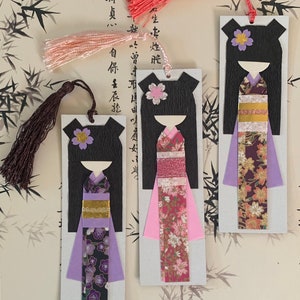 Kawaii Handmade Origami Kimono Doll Bookmark (Kokeshi/ Maiko/ Geisha) with Tassel and Cherry Blossom Corner Bookmark/ Junk Journal Tag