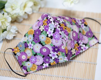 Oriental Majestic Compact Mums & Cherry Blossoms Face Mask (Purple Lavender w/Metallic Gold Accents) 100% Cotton with Filter Pocket Reusable